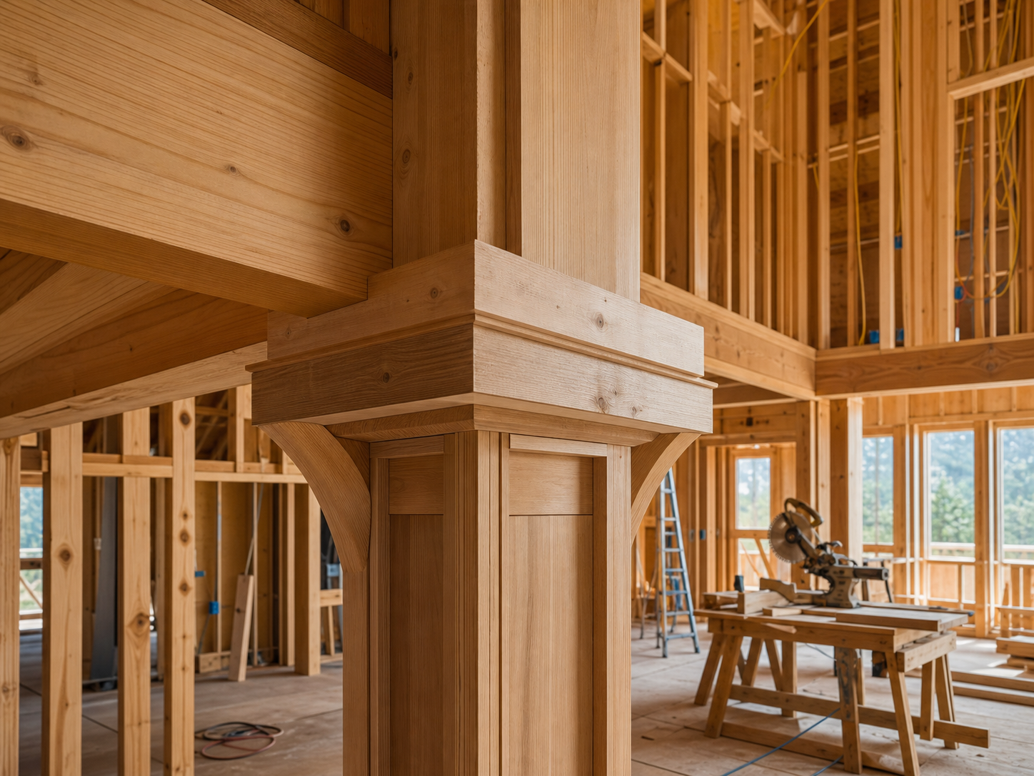 Close detail of precise framing and carpentry work inside a custom home