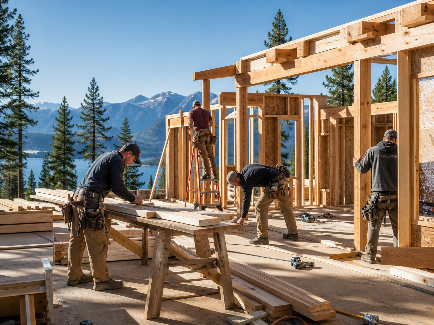 Construction crew working together on a custom home jobsite