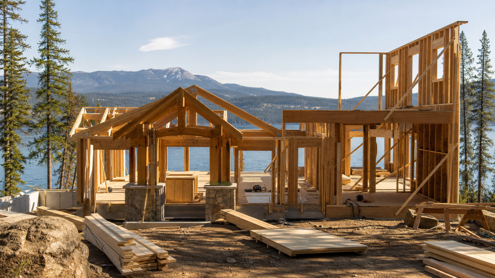 Custom home framing in progress on a clean residential jobsite